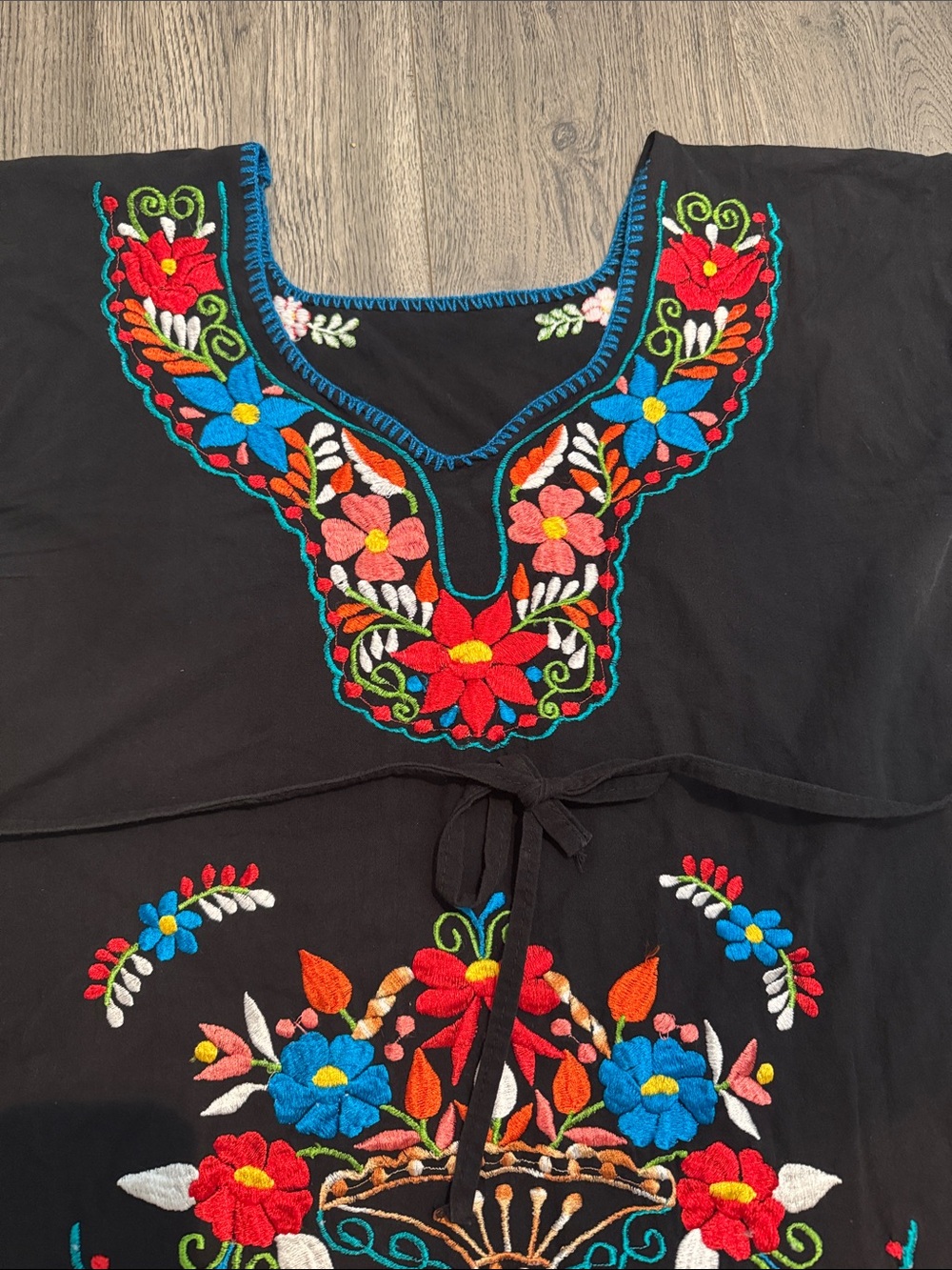 Black Embroidered Floral Cotton Dress - Vibrant Multicolor Detailing - Picture 2 of 4